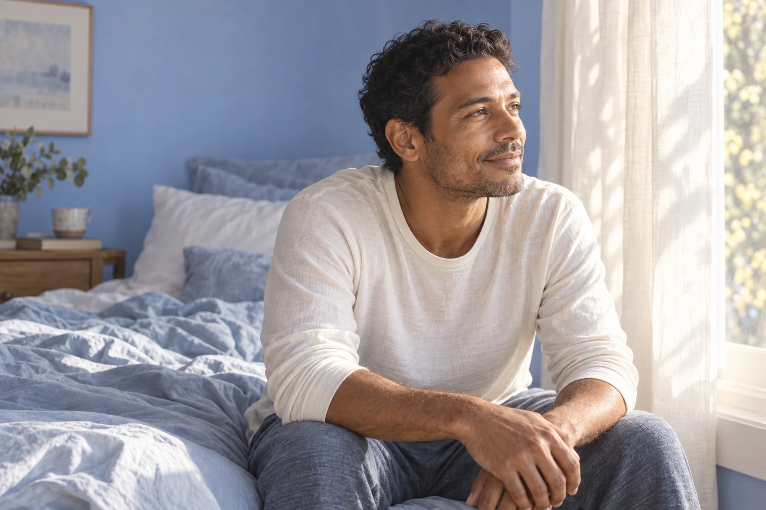 Illustrative portrait of a man sitting beside his bedroom window in the morning