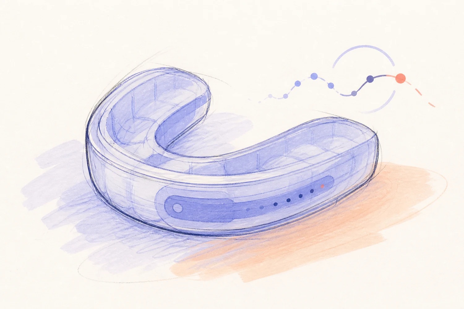Sketch-style concept mockup of a translucent oral mouthguard wearable with a small sensing strip
